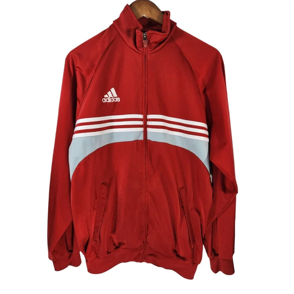 Adidas Men's Medium Track Jacket Red Grey White Full Zip Pockets Logo 3 Stripe